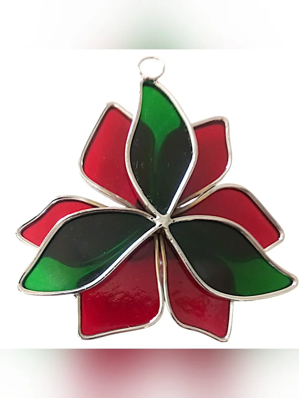 Vintage Stained Glass Poinsettia Suncatcher Ornament Christmas Window Red Green